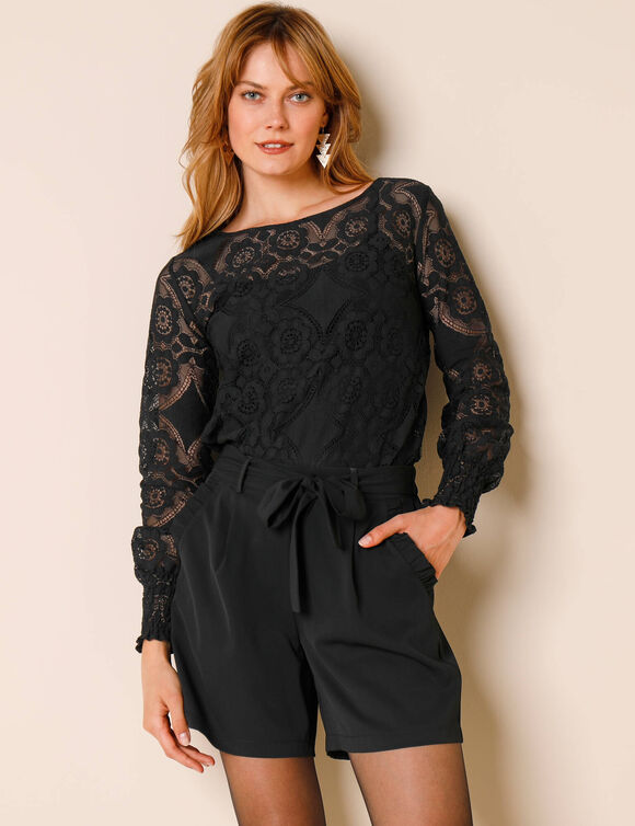 T-shirt dentelle manches longues blousantes (noir) T-shirt dentelle manches longues blousantes (noir)